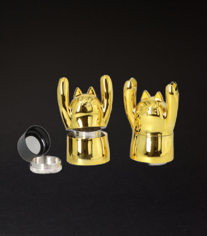 Super Heroes | Grinder 4 tlg. | Metall goldfarben Katze mit Handyhalterung | Ø 4,5 cm, H. 10 cm